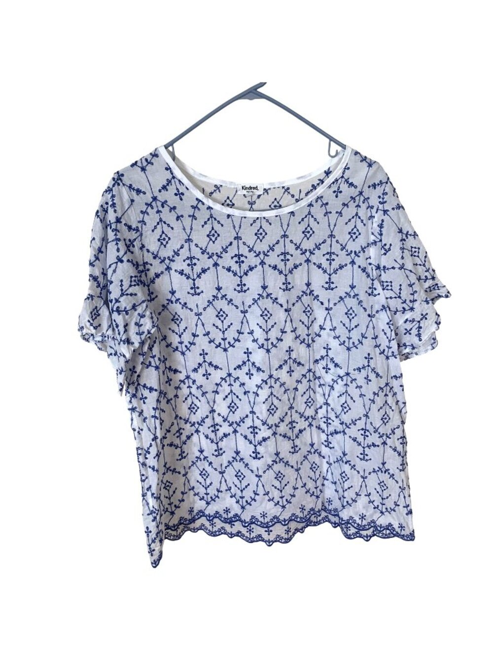 Kindred Womens Blouse Petite 1X Blue White Embroidered Cotton Short Sleeve Top